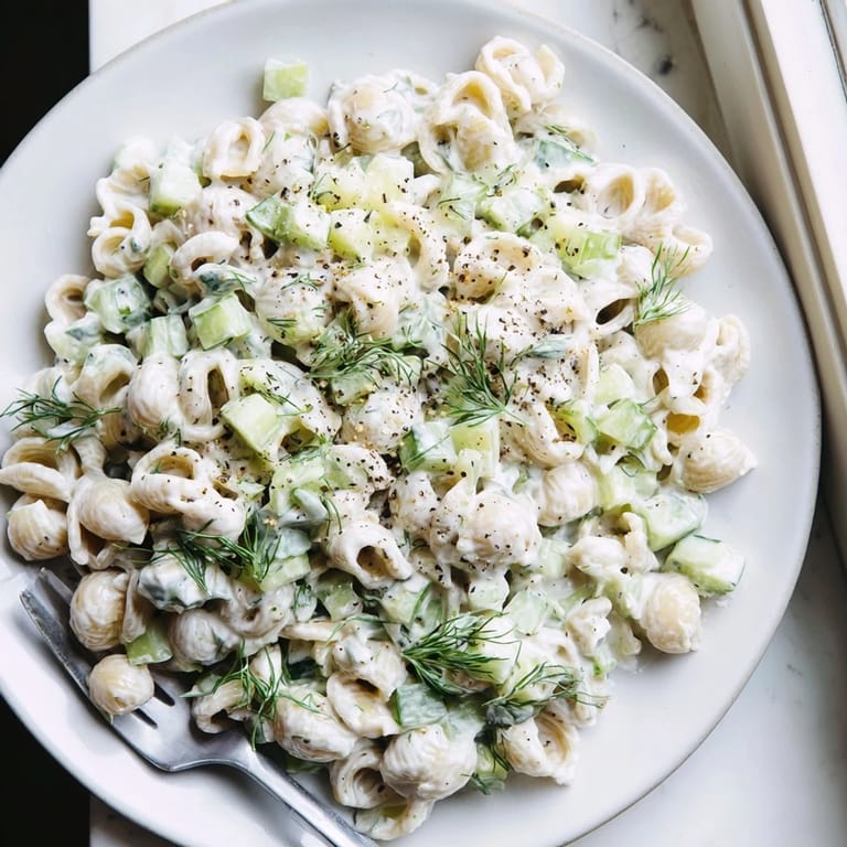 Easy vegetarian Cucumber Crunch Pasta Salad served in a bowl, perfect for summer picnics and backyard gatherings.