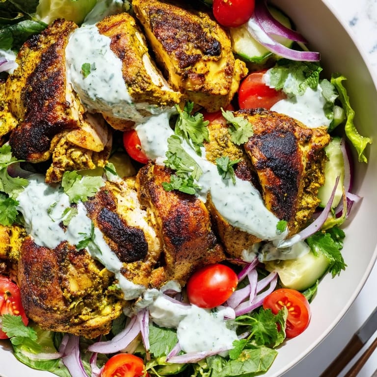 Colorful chicken shawarma salad bowl served for lunch, featuring crunchy veggies and a creamy, lemony garlic dressing.