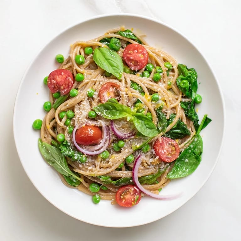 Spaghetti cooked with garden vegetables in a single pot, flecked with lemon zest and red pepper flakes, ready for a quick weeknight dinner.