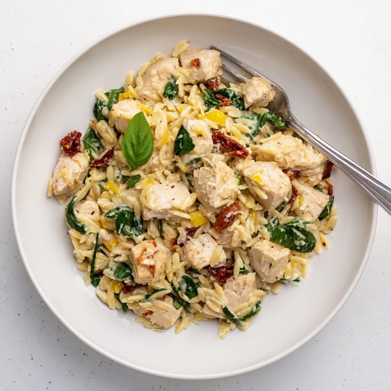 A close-up of one-pan Tuscan Chicken Orzo, featuring golden chicken, wilted spinach, and melted Parmesan.