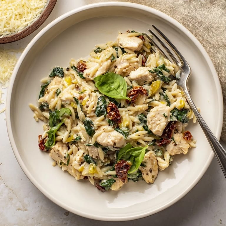 Savory Tuscan Chicken Orzo served hot from the skillet, with a creamy sauce and garlic aroma.