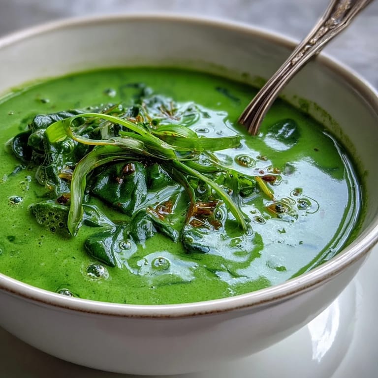 A ladle of golden-hued Spinach Coriander Lemongrass Soup pours into a white bowl, showing velvety texture.