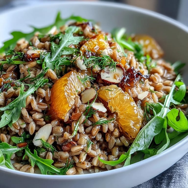 Farro Salad With Fennel, Oranges, and Almonds served on a plate with arugula and parsley, ready for a healthy dinner or potluck.