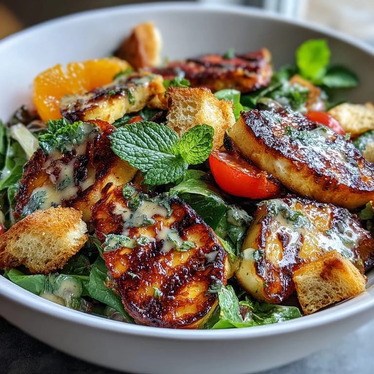 Serving suggestion for Halloumi Blood Orange Fattoush with warm cheese and pomegranate molasses drizzle.