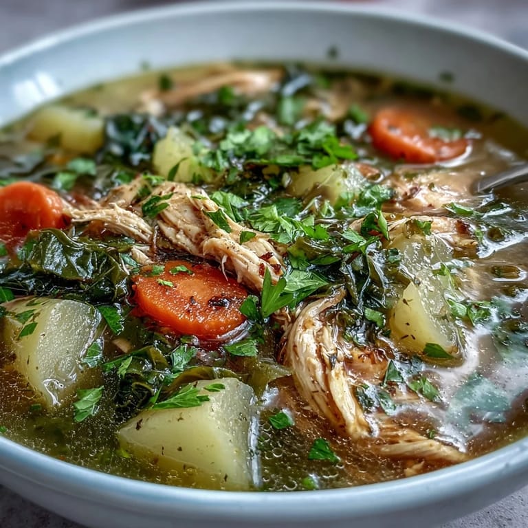 A nourishing bowl of collard greens chicken vegetable soup, perfect comfort food.
