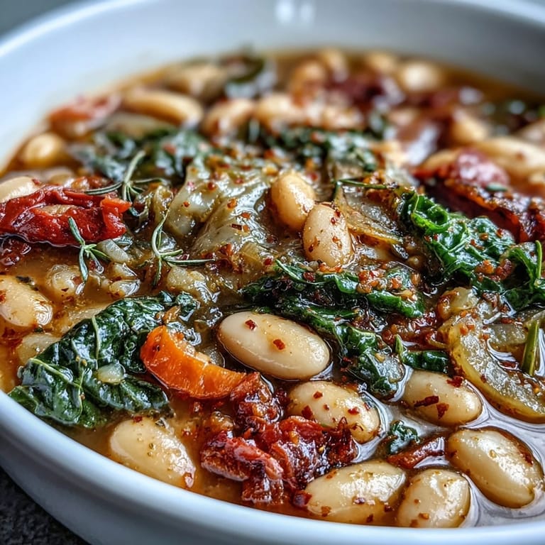 Hearty Mediterranean White Bean Stew simmered with tomatoes, spices, and vegetables, garnished with fresh parsley and lemon.