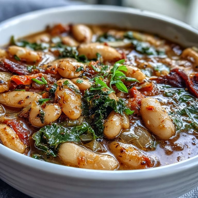 Warm, vegan Mediterranean White Bean Stew served with crusty bread, featuring colorful vegetables in an olive oil broth.