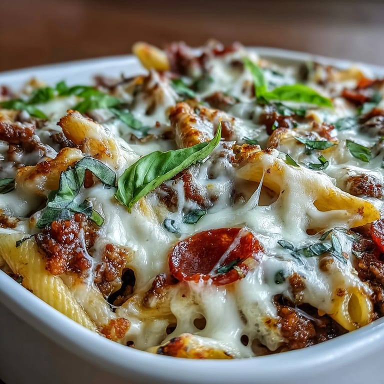 Close-up of a plated High Protein Italian Beef and Pasta Bake, garnished with fresh basil, served alongside a crisp green salad for a balanced meal.