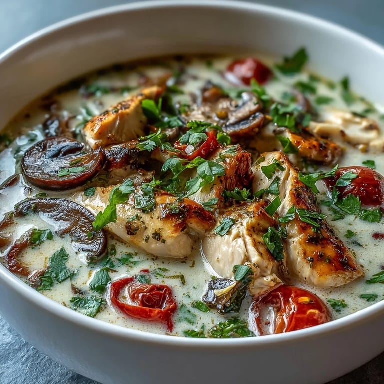 A close-up of Best Ever Tom Kha Gai Soup garnished with fresh cilantro, sliced green onions, and a lime wedge, served alongside steamed jasmine rice.