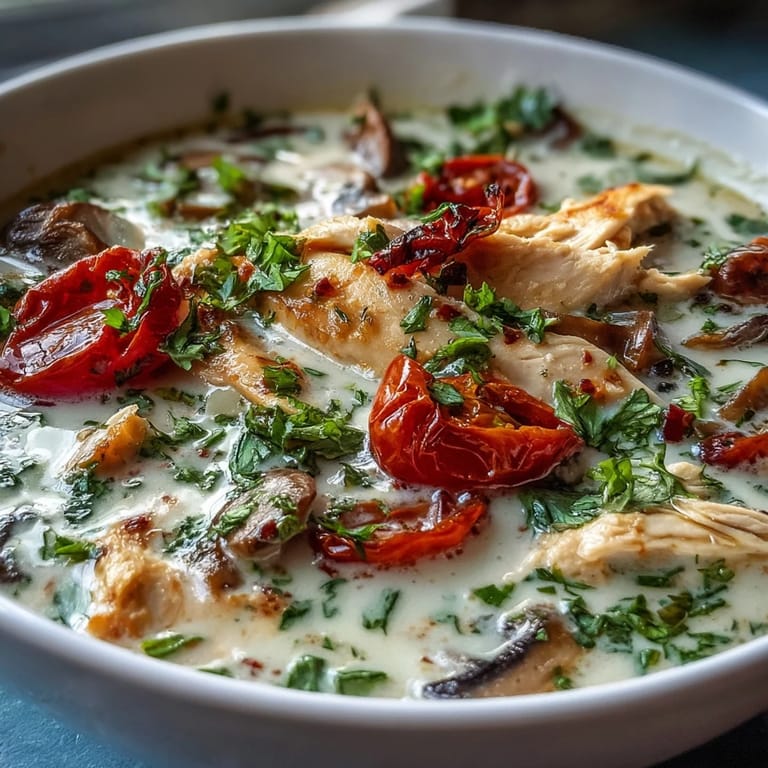 Overhead view of Best Ever Tom Kha Gai Soup in a rustic pot, highlighting vibrant cherry tomatoes, smashed lemongrass stalks, and galangal root.