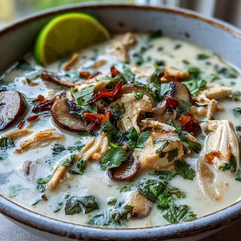 Steaming Authentic Tom Kha Gai soup features tender chicken, mushrooms, and aromatic Thai herbs in coconut milk.