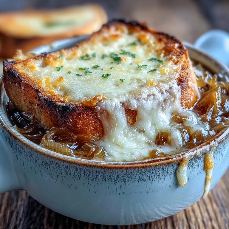 Close-up of a spoon dipping into French Onion Soup, revealing deep brown broth, soft onions, and stretchy melted cheese.