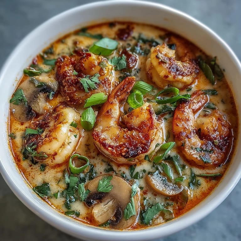 Close-up of Thai Coconut Shrimp Soup with coconut milk broth, chili slices, and cilantro.
