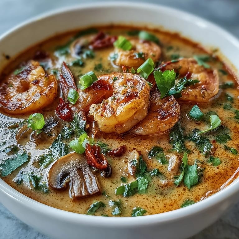 A vibrant bowl of Thai Coconut Shrimp Soup featuring aromatic red curry and lime garnish.