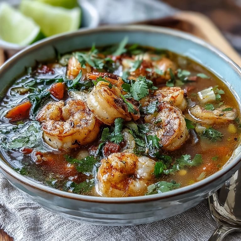 Close-up of Tom Yum Soup in a rustic bowl, highlighting tender shrimp, fresh cilantro, and colorful vegetables in a clear broth.