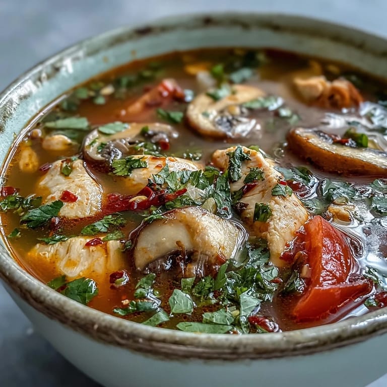 Tom Yum Gai showcases tender chicken and sliced tomatoes in a bold, spicy-sour broth with aromatic herbs.