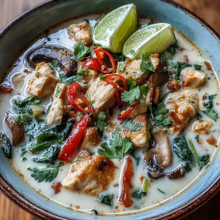 Steaming Thai Chicken Coconut Curry Soup garnished with fresh cilantro and Thai basil, accompanied by lime wedges on a textured wooden table.