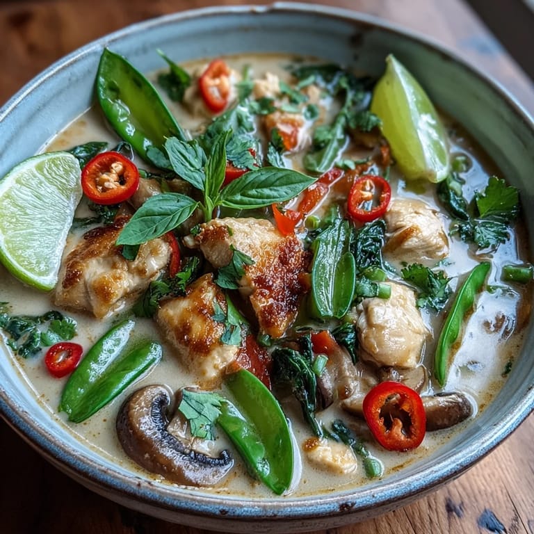 Close-up of Thai Chicken Coconut Curry Soup featuring succulent chicken and shiitake mushrooms, highlighting the vibrant colors and aromatic steam rising.