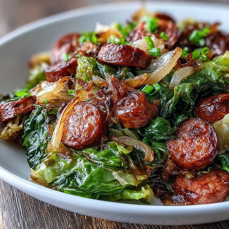 Golden-brown sausage slices and sweet onions mingling with wilted cabbage in a savory, steamy pan.