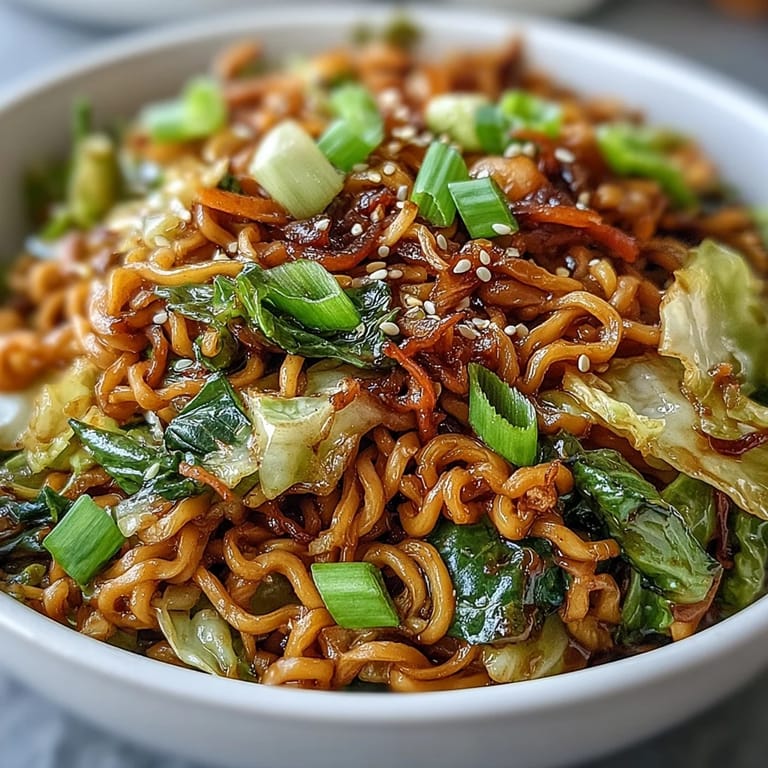 Close-up view of Fried Cabbage Ramen, highlighting golden-brown edges on the cabbage and fresh scallions garnishing the steaming noodles.