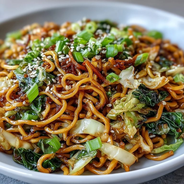Sizzling skillet of Fried Cabbage Ramen with colorful julienned carrots, ready to serve for a quick vegetarian weeknight dinner.