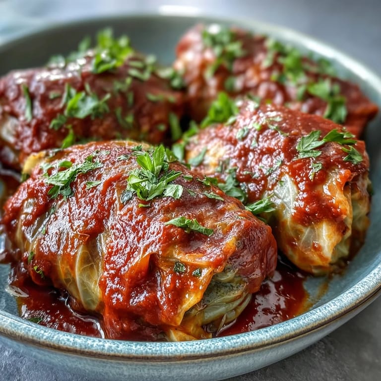 Freshly baked Cabbage Rolls garnished with parsley, showing the juicy ground beef and rice filling.