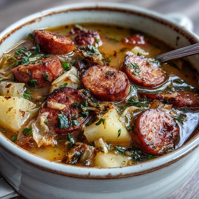 A rustic ladle serving the hearty soup alongside crusty bread and a dollop of sour cream.