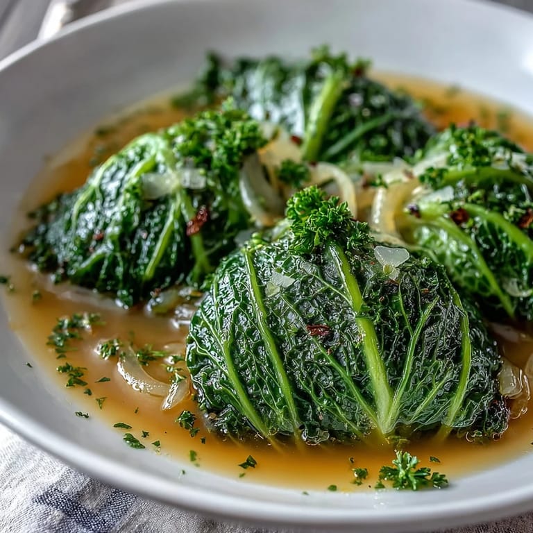 Close-up of Herby Cabbage in Parmesan Broth, revealing silky cabbage leaves swimming in a rich, creamy broth with herbs.