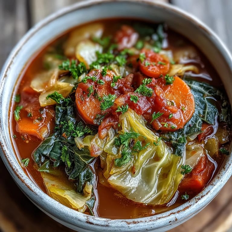 Fresh parsley garnishes a ladle of Classic Cabbage Soup, ready to serve with crusty bread on the side.