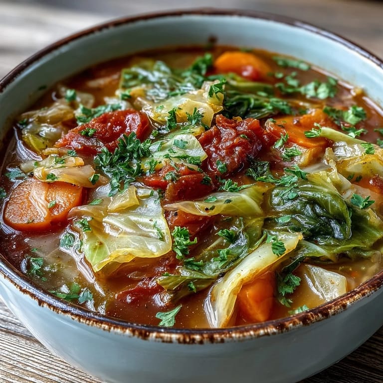 Close-up of Classic Cabbage Soup showing diced tomatoes, sliced carrots, and wilted cabbage in a savory vegetable broth.