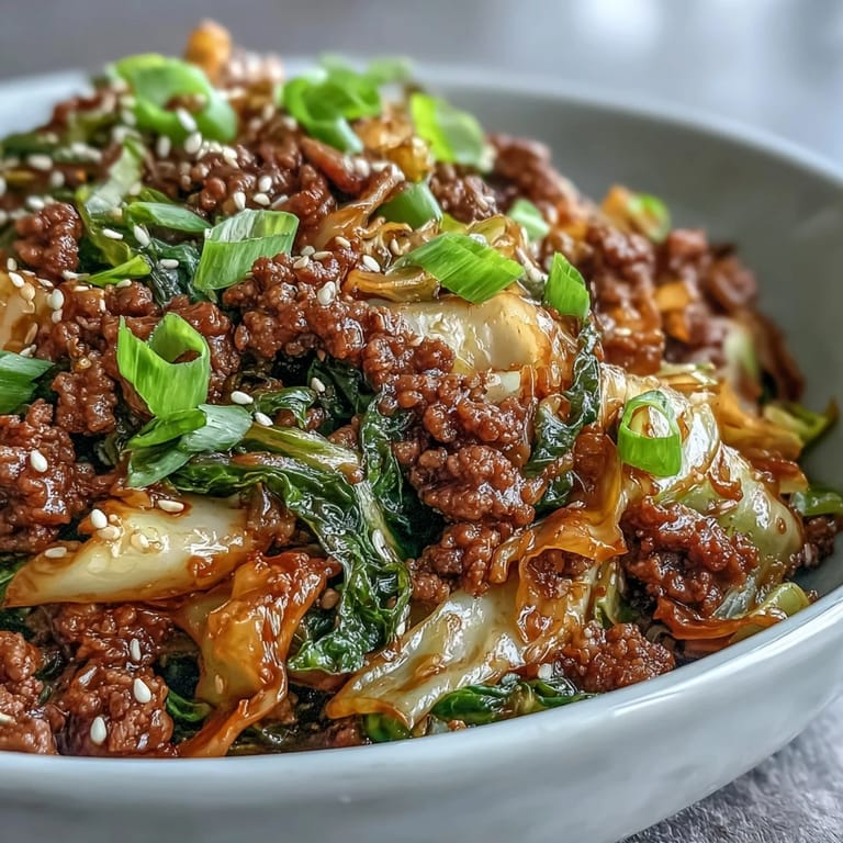 A skillet of Chinese Ground Beef and Cabbage Stir-Fry topped with fresh green onions and sesame seeds, paired with a side of steamed cauliflower rice.