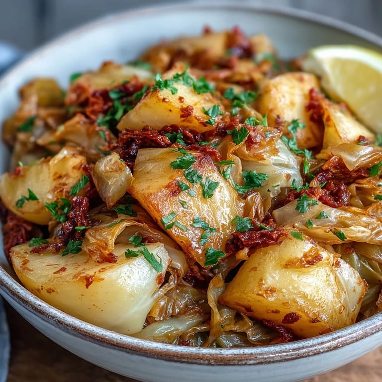 Hearty Braised Cabbage With Potatoes and Chili served steaming hot in a bowl, topped with fresh parsley and lemon.