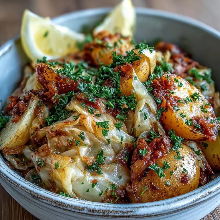 Fork-tender Braised Cabbage With Potatoes and Chili in a Dutch oven, richly buttery with a gentle chili warmth.