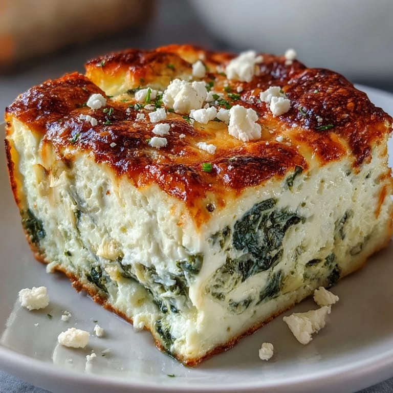 A low-carb, high-protein spinach artichoke bake with cottage cheese and eggs, ready to serve with a side salad for meal prep.