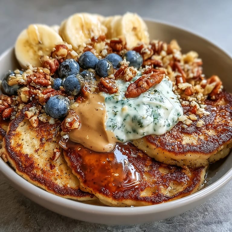 Serving suggestion of a Protein Pancake Bowl mixed with swirls of nut butter and sweet maple syrup.