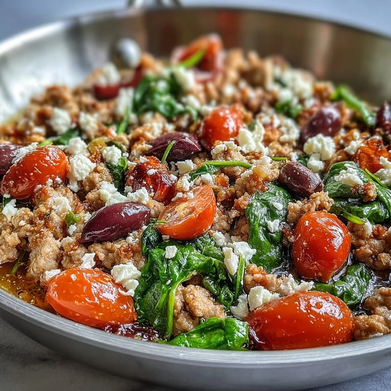 Spoonful of Mediterranean Keto Ground Chicken Skillet with Olives and Feta served over fresh spinach, topped with creamy crumbled feta and bright parsley, perfect for a quick gluten-free meal.