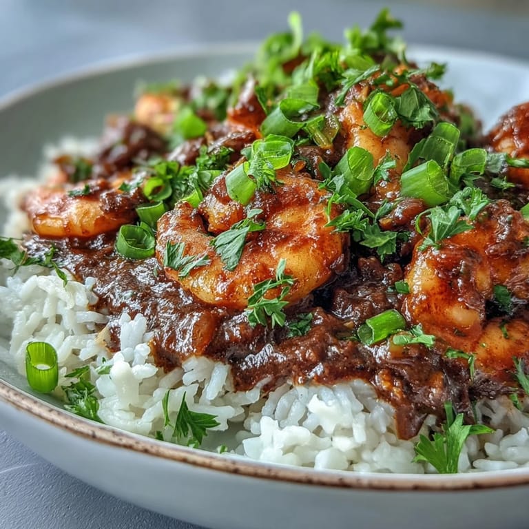 A spoon lifts rich, dark roux sauce with shrimp from a white bowl.