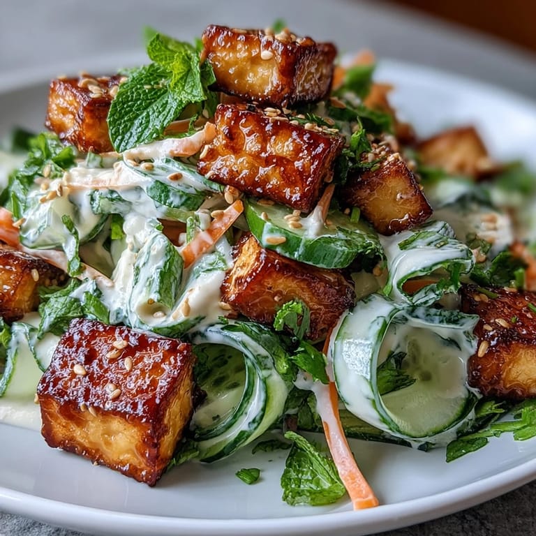 Savory, ultra-crispy tofu adds satisfying crunch to cool cucumbers and vibrant carrots in this Creamy Asian Cucumber Salad.