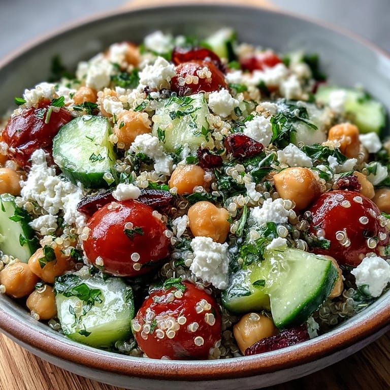 A colorful High Protein Quinoa & Chickpea Salad served in a white bowl, topped generously with crumbled feta and herbs.