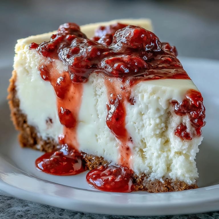 Homemade White Chocolate Raspberry Cheesecake Bliss sits on a cooling rack, ready to be sliced and served.
