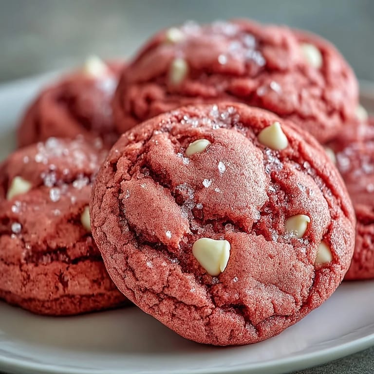 Two warm Pink Velvet Cookies are stacked to reveal a soft, pink crumb, ready to be served with milk.