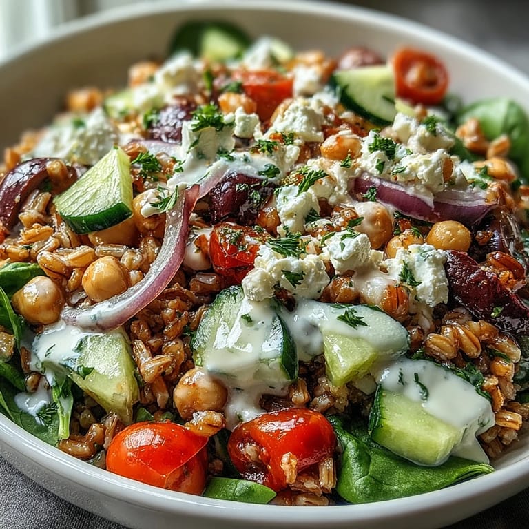 A hearty Mediterranean Farro Bowl served with feta, olives, and parsley on a rustic wooden table.