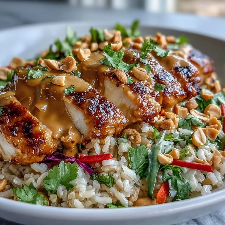 Close-up of a colorful Peanut Chicken Power Bowl, showcasing tender chicken slices, purple cabbage, carrots, and cucumber over grains, all coated in a glossy peanut dressing.