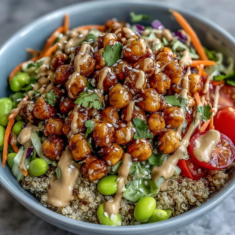 Roasted chickpeas and crisp veggies served over brown rice, drizzled with rich peanut sauce and topped with crunchy peanuts.