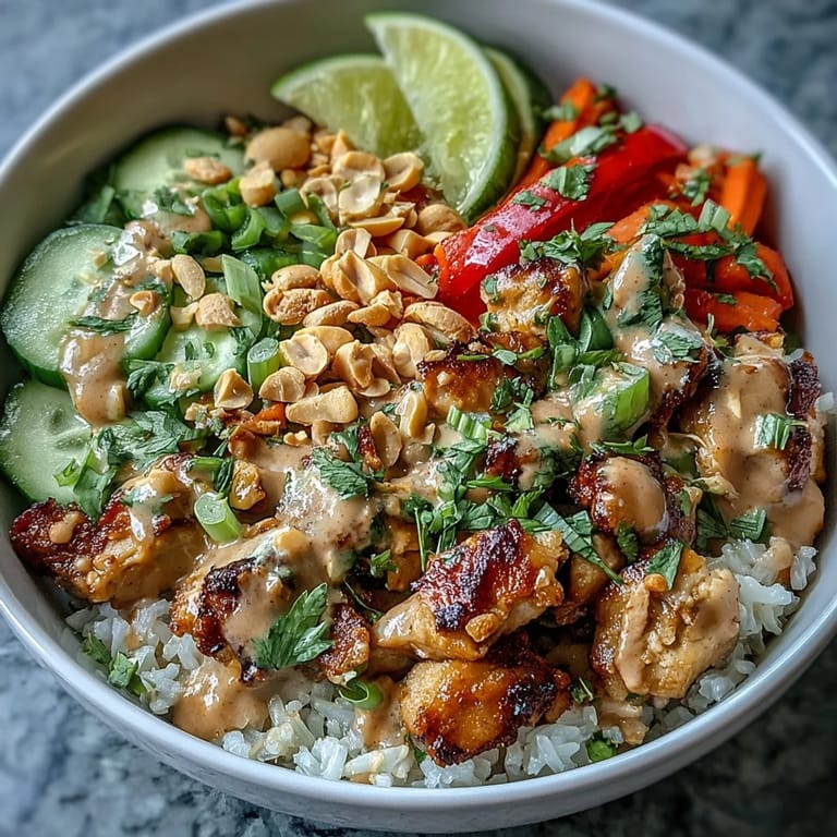 Creamy Thai Peanut Chicken Bowl featuring juicy chicken, fresh vegetables, and a bold peanut sauce over coconut jasmine rice.  