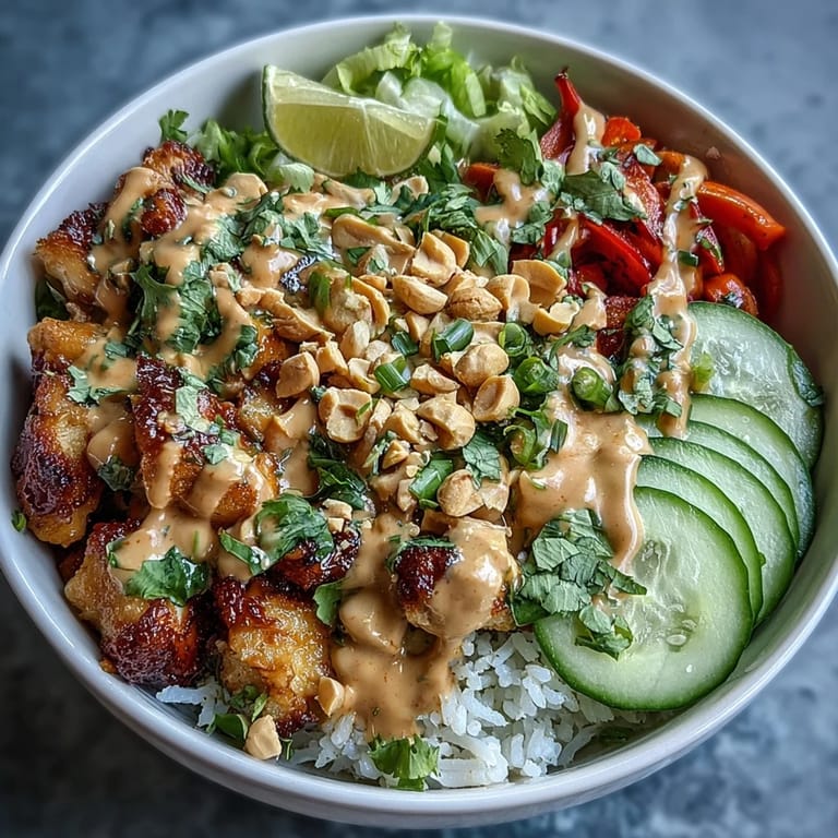 Flavorful Thai Peanut Chicken Bowl with colorful vegetables, grilled chicken, and a creamy, spicy peanut sauce topping.