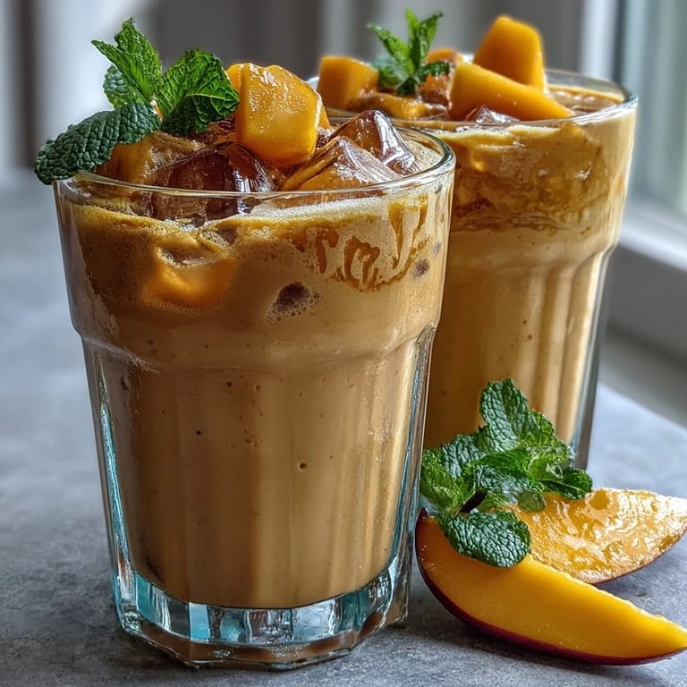 A pitcher of vibrant mango peach iced tea with fresh mint, perfect for cooling off on a sunny afternoon.