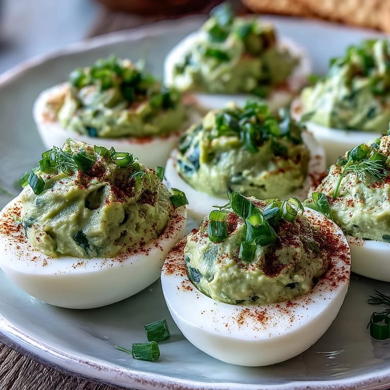 Creamy avocado deviled eggs garnished with chives and dill, a vibrant twist on classic party snacks.