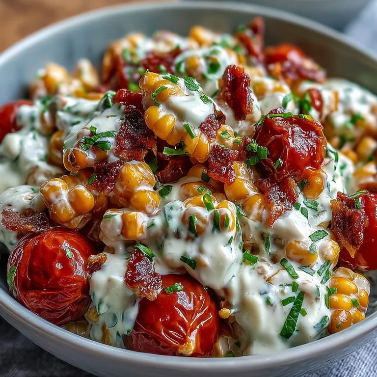 Creamy corn salad with fresh vegetables, jalapeño, and herbs, perfect for picnics or barbecues.