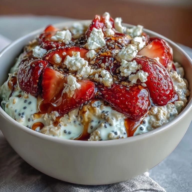 Strawberry chia overnight oats in a bowl, topped with sliced berries and nuts, a refreshing make-ahead morning meal.